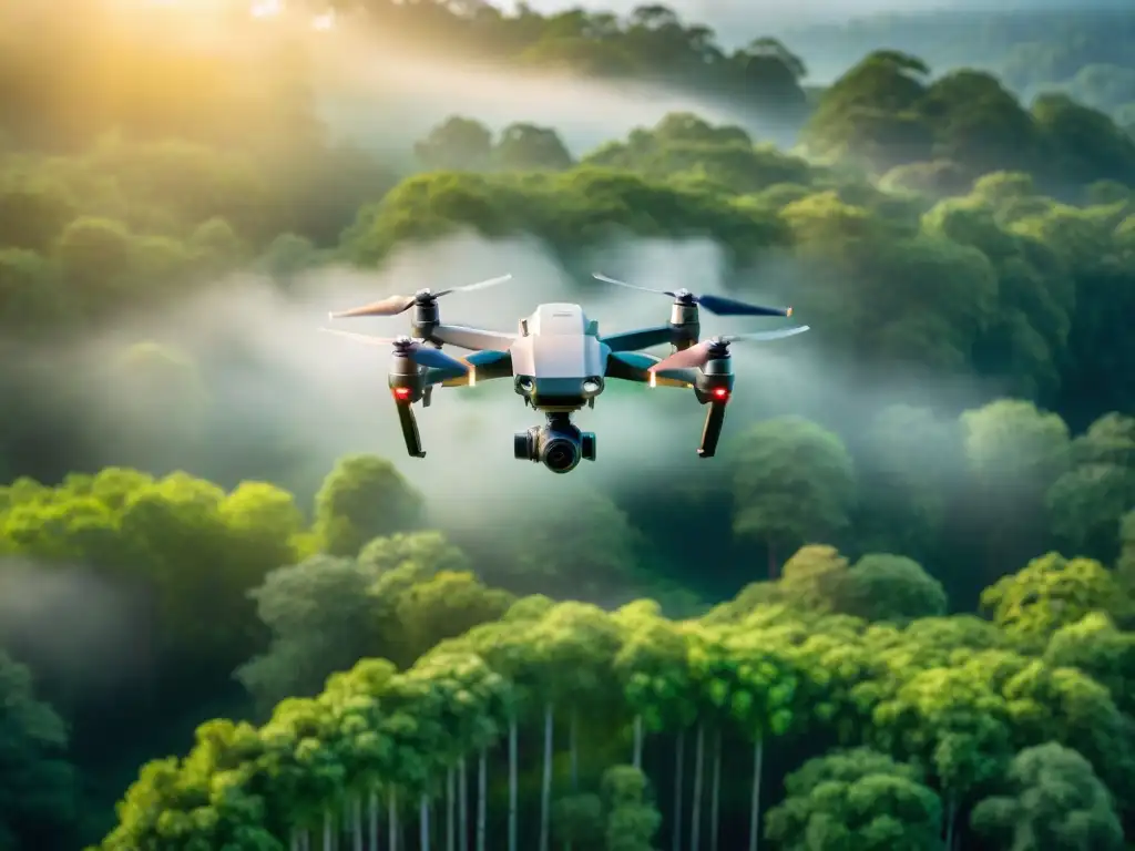Técnicas de mapeo aéreo con drones: Vista aérea sepia de un dron sobre un bosque verde exuberante, capturando detalles del dosel