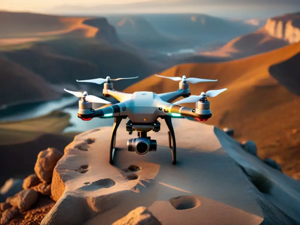 Explora la tecnología de vanguardia con un drone sofisticado que maximiza tiempo de vuelo para cartografía en un paisaje impresionante al atardecer