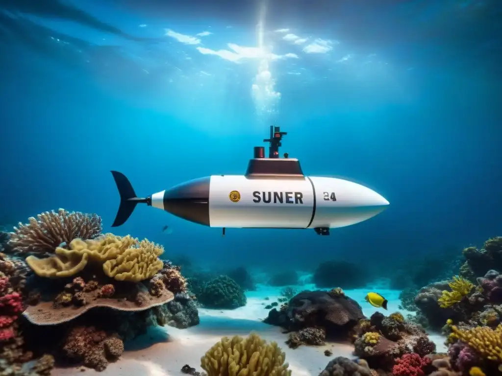 Exploración submarina: evolución de mapeo con tecnologías avanzadas, un UUV detallado deslizándose en el misterioso océano