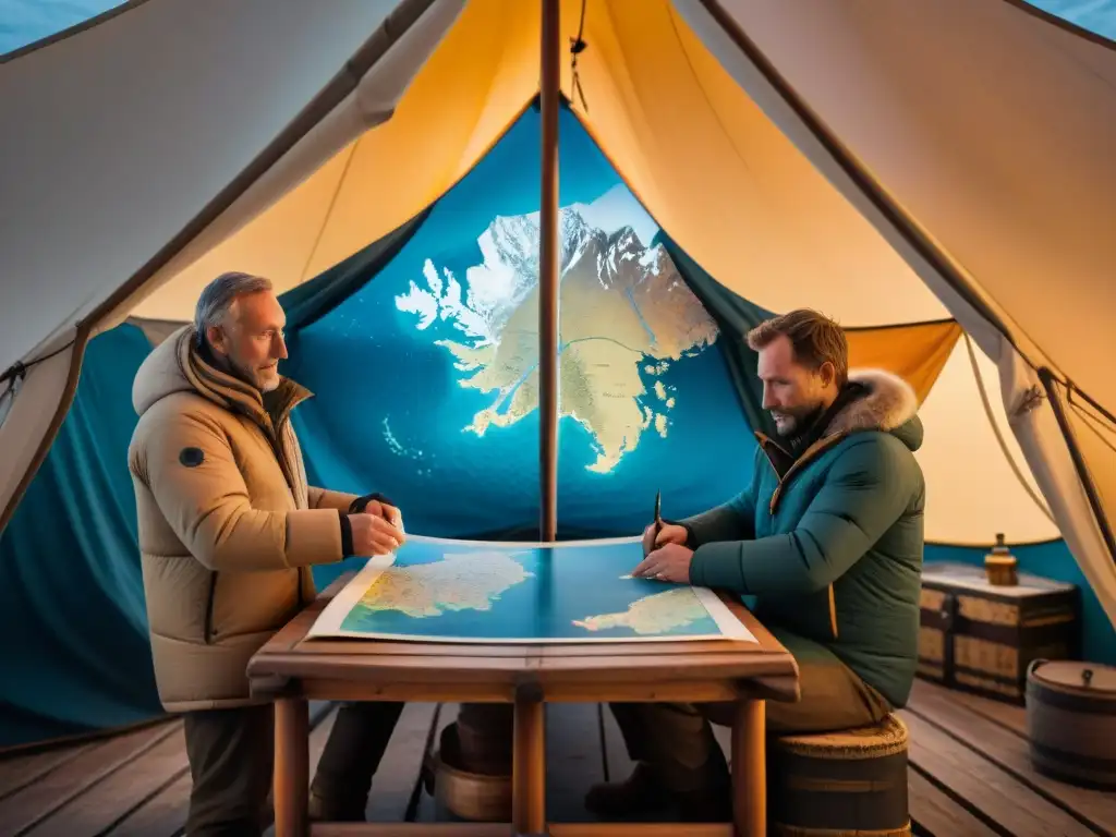 En la tenue luz de una tienda de expedición, cartógrafos del Ártico colaboran en un mapa vintage