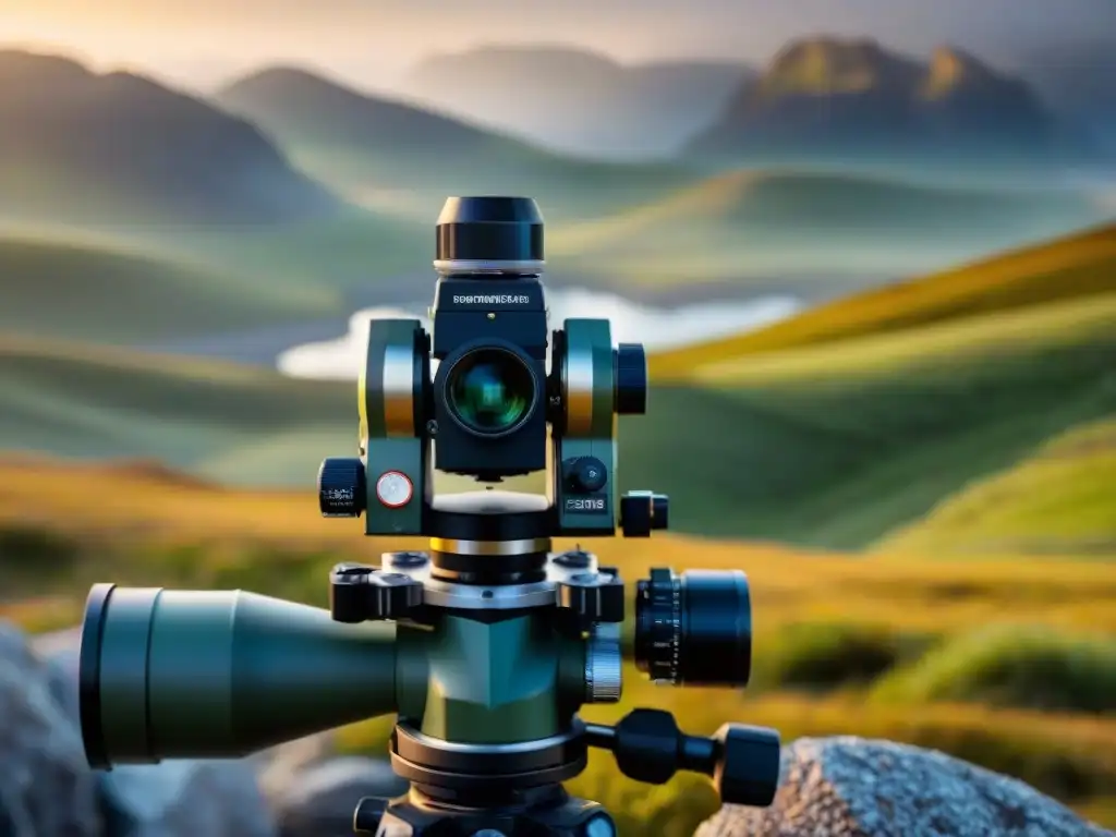 Un teodolito moderno en un terreno agreste, con detalles precisos y un paisaje vasto al fondo, captura la evolución de la cartografía