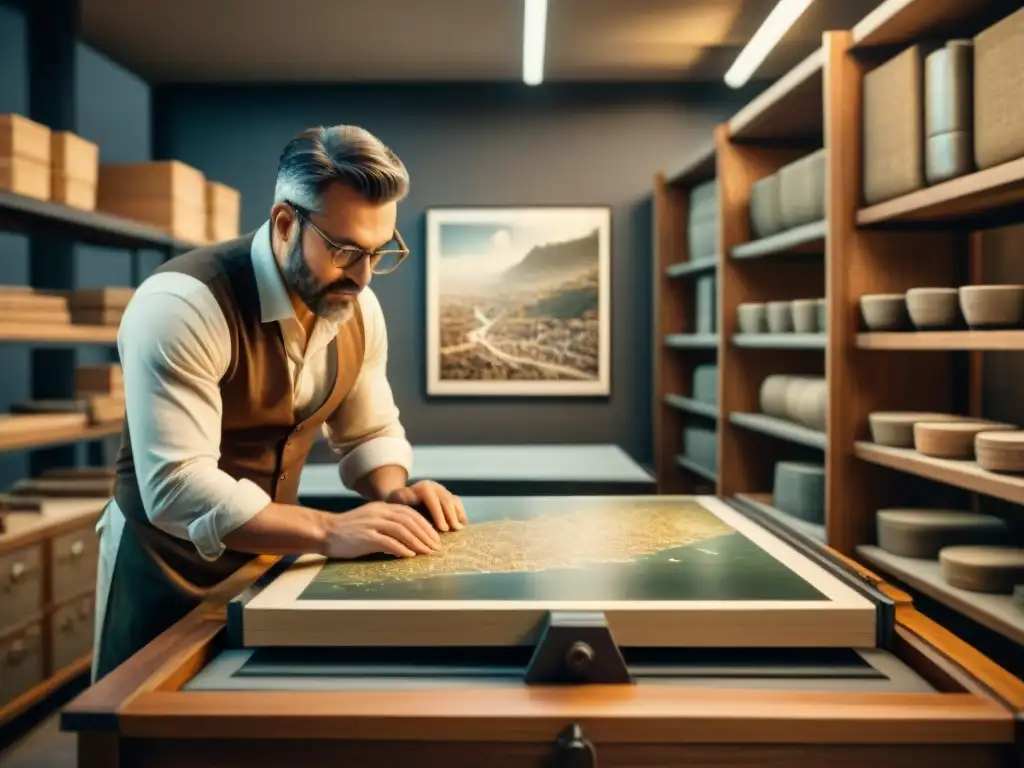 Una litografía histórica en acción, detallando la transferencia de un mapa a una piedra de impresión, rodeada de diseños cartográficos