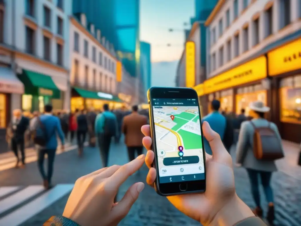 Turistas usando aplicaciones SIG en una bulliciosa calle de la ciudad, evolución del turismo digital