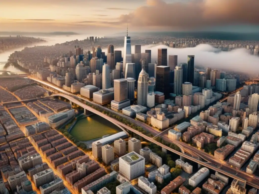 Transformación urbana a través de mapas: detallada vista aérea sepia de una ciudad vibrante entre arquitectura histórica y rascacielos modernos