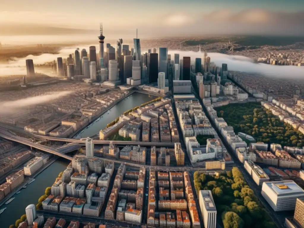 Transformación urbana a través de mapas: Imagen sepia de una ciudad con mapas antiguos superpuestos en el moderno paisaje urbano