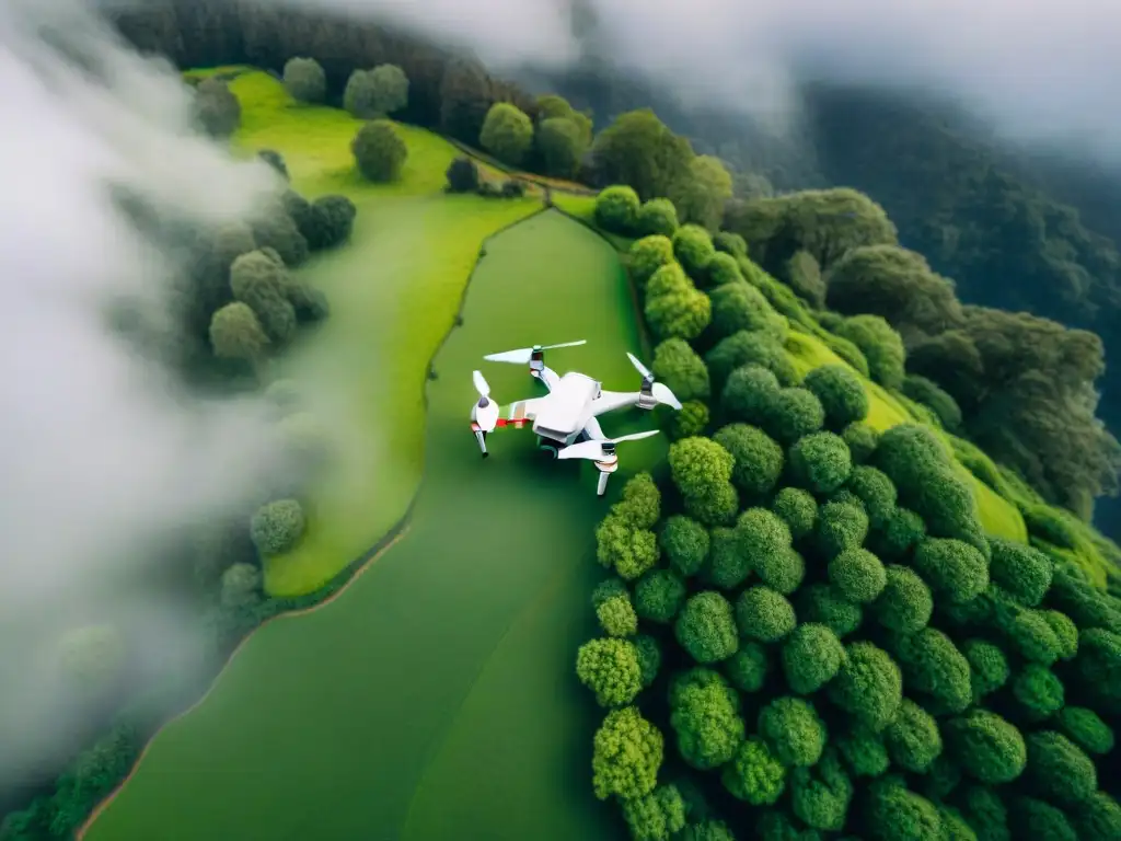 Uso de drones en cartografía: Drone sobre mapa detallado en paisaje verde, simbolizando precisión e innovación