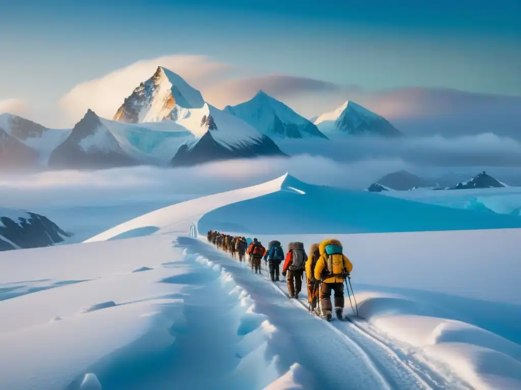 Valientes exploradores trekking en paisaje polar