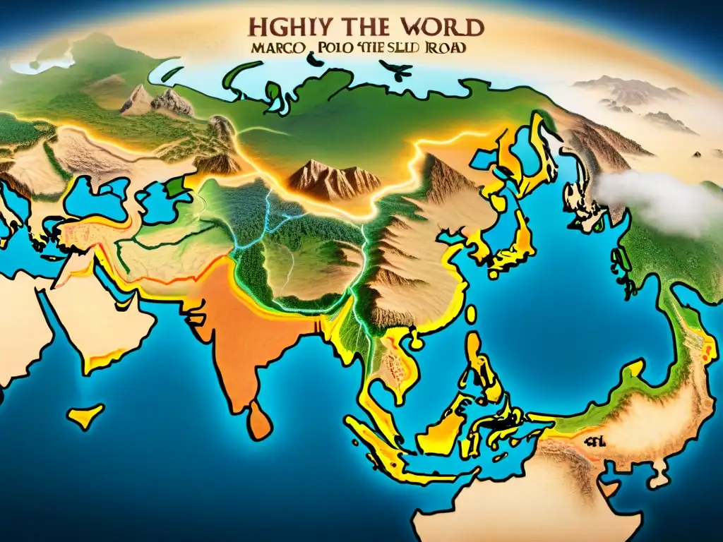 Un viaje visual por la evolución de la cartografía del mundo de Marco Polo, mostrando paisajes, rutas comerciales y culturas