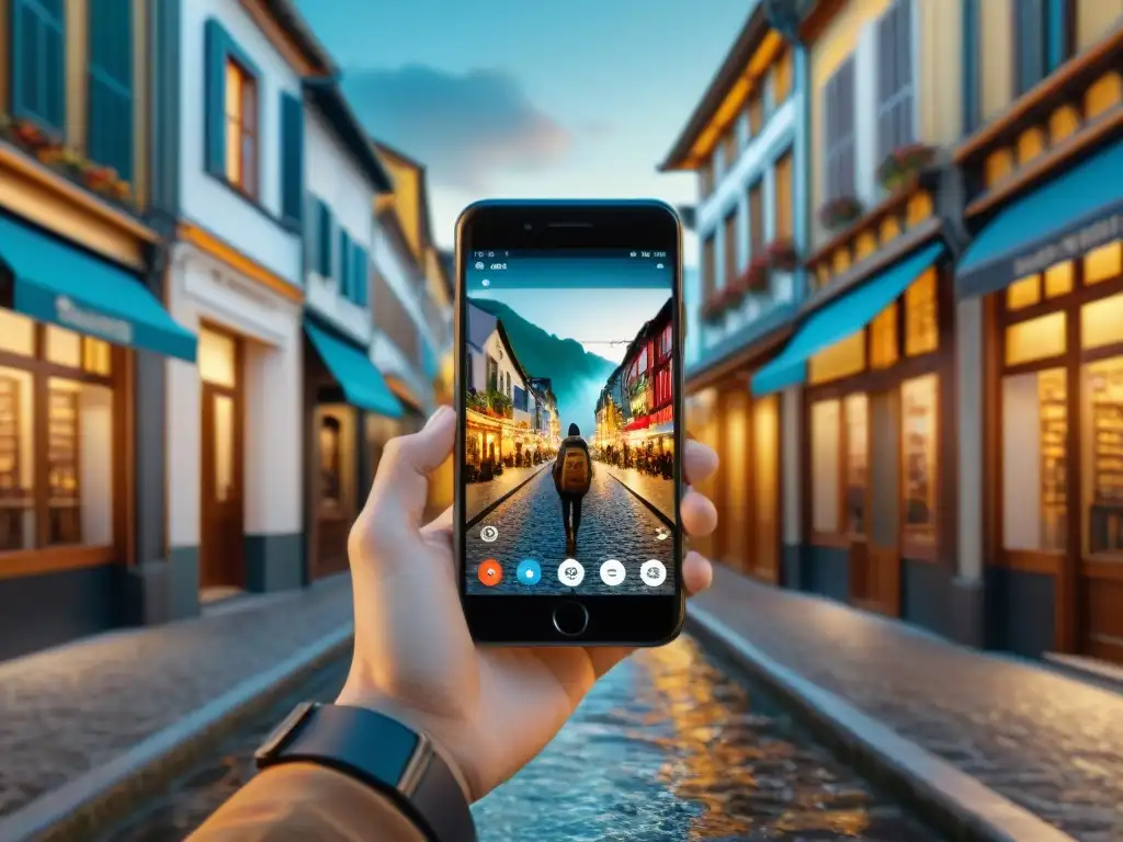 Un viajero explorando una bulliciosa ciudad a través de una app de realidad aumentada