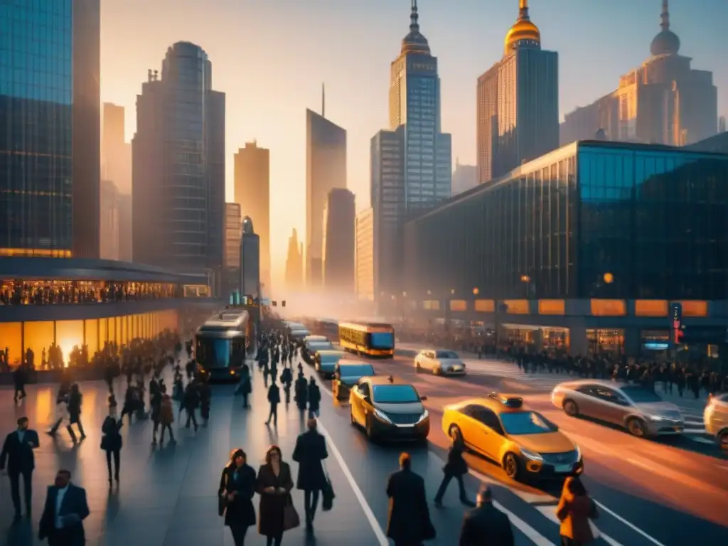 Un vibrante atardecer urbano con rascacielos iluminados y calles llenas de actividad