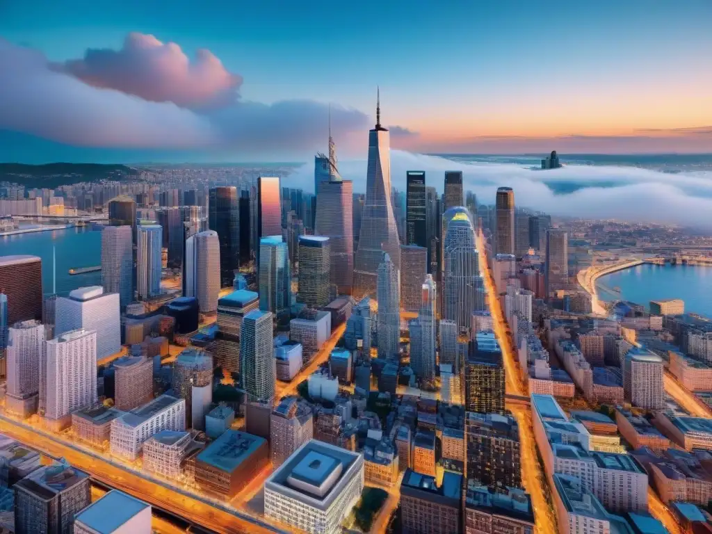 Cityscape con precios dinámicos en tiempo real Vibrante ciudad al anochecer con datos de precios dinámicos mediante análisis geoespacial