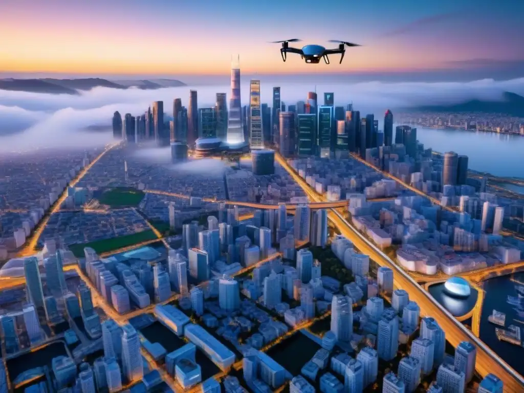 Vibrante ciudad futurista con drones IA mapeando, evolución cartografía