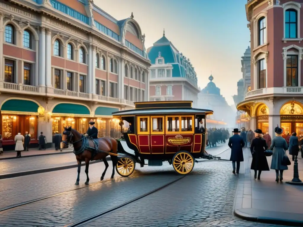 Vibrante ciudad del siglo XX con detallados edificios victorianos y animadas calles empedradas