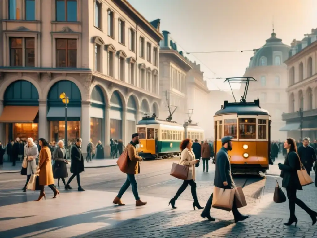 Vibrante esquina de ciudad en sepia, con edificios modernos e históricos, personas diversas y tranvía vintage