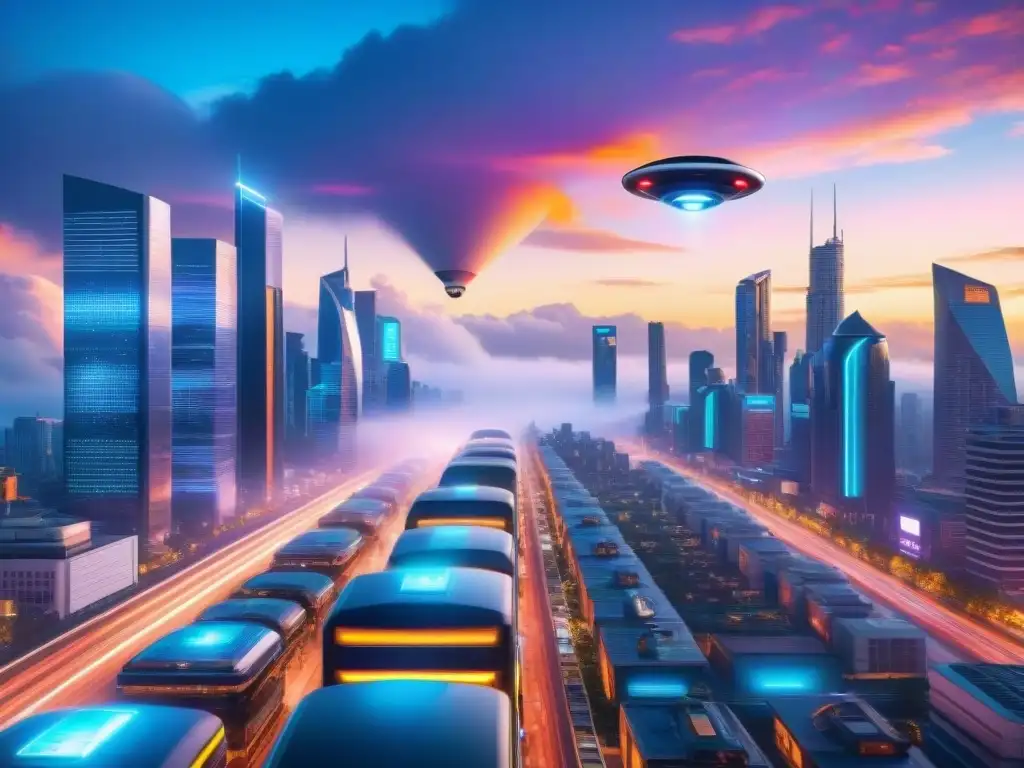 Vibrante metrópolis futurista al atardecer, con luces de neón, autos voladores y hologramas