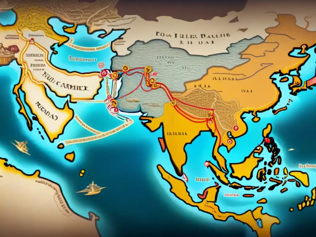 Vibrante mapa del Renacimiento de las Rutas de la Seda, detallado y adornado con tonos sepia, rosas de los vientos y monstruos marinos