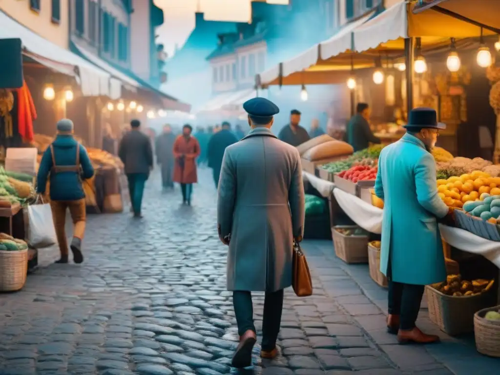 Vibrante mercado histórico en una ciudad antigua, con calles empedradas y puestos de colores