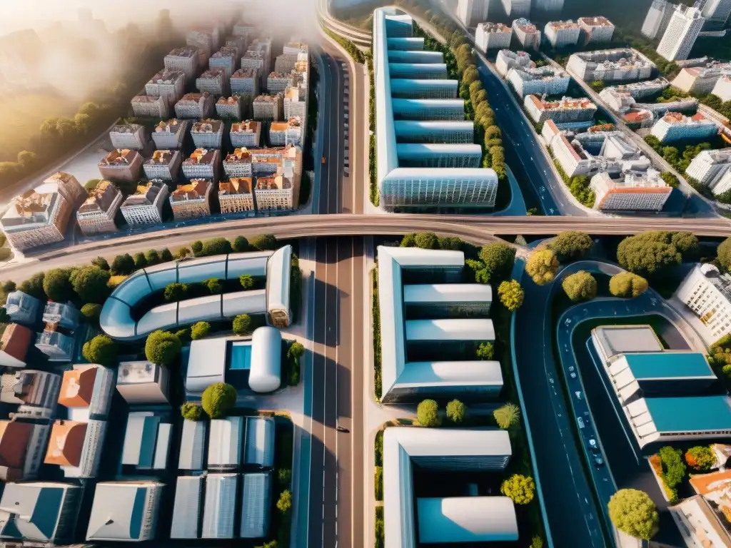 Un vibrante mosaico urbano con técnicas de mapeo aéreo con drones, revelando la complejidad de la vida citadina
