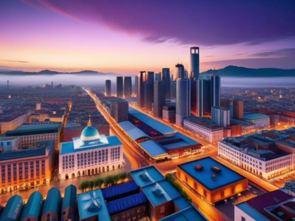 Vibrante ciudad al anochecer: luces, rutas y mercados Un vibrante paisaje urbano al atardecer con rascacielos iluminados