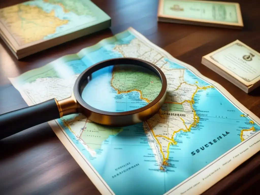 Viejo mapa en mesa de madera con lupa resaltando una ruta