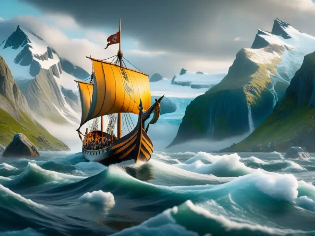Épica travesía vikinga por mares helados Un Vikingo navegando con técnicas cartográficas en aguas del norte, rodeado de montañas nevadas y un cielo dramático
