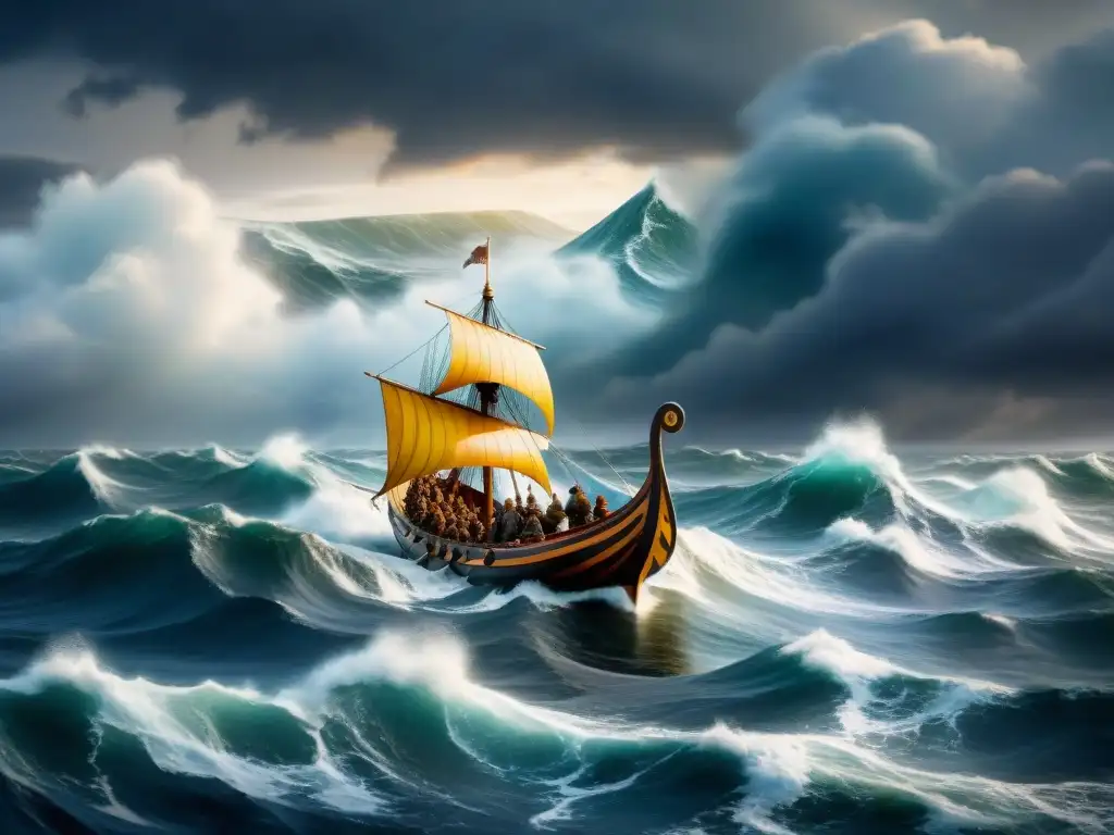 Exploradores Vikingos navegando mares turbulentos en un drakkar Vikingos navegando en aguas turbulentas, utilizando técnicas cartográficas para navegar por el norte