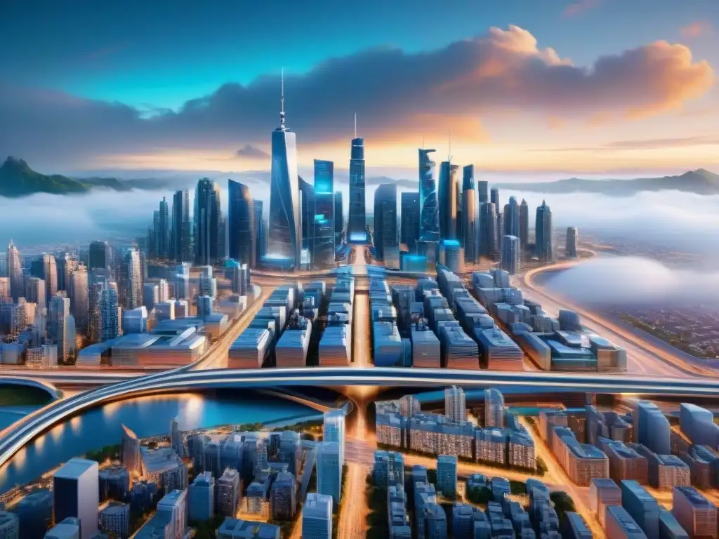 Una visión futurista de la ciudad con IA integrada en su entorno, simbolizando la evolución de la cartografía moderna