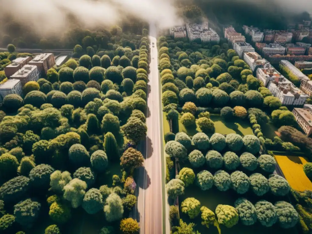 Vista aérea sepia de una animada cartografía urbana con drones, mostrando calles, edificios y parques detallados