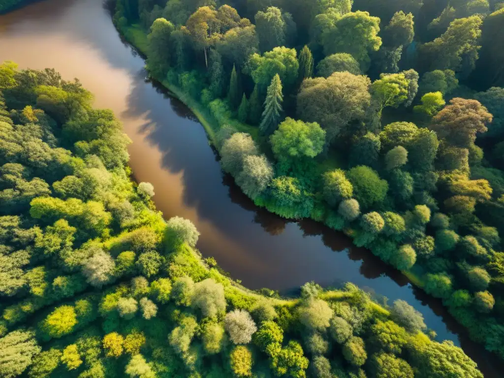 Vista aérea de un bosque exuberante con un río serpenteante, capturada por un dron