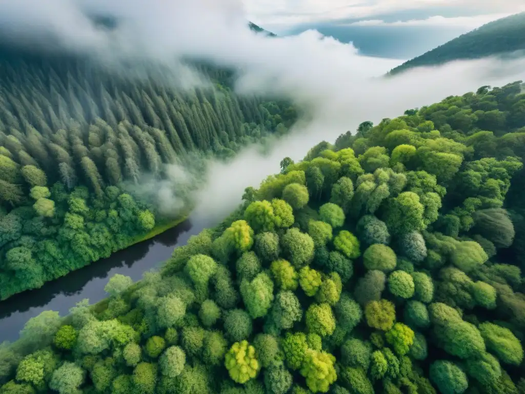 Vista aérea sepia de un bosque sereno con río, resaltando la belleza natural y el monitoreo cambio climático deforestación drones