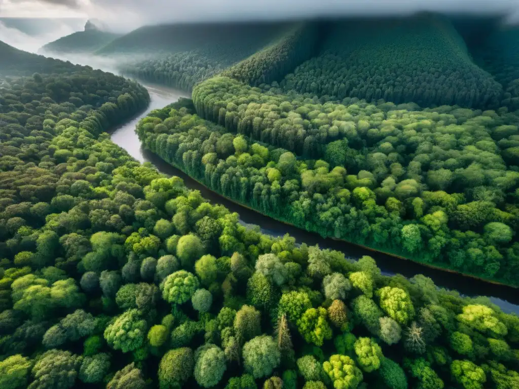 Vista aérea de un bosque verde exuberante con un río serpenteando, capturado por un dron