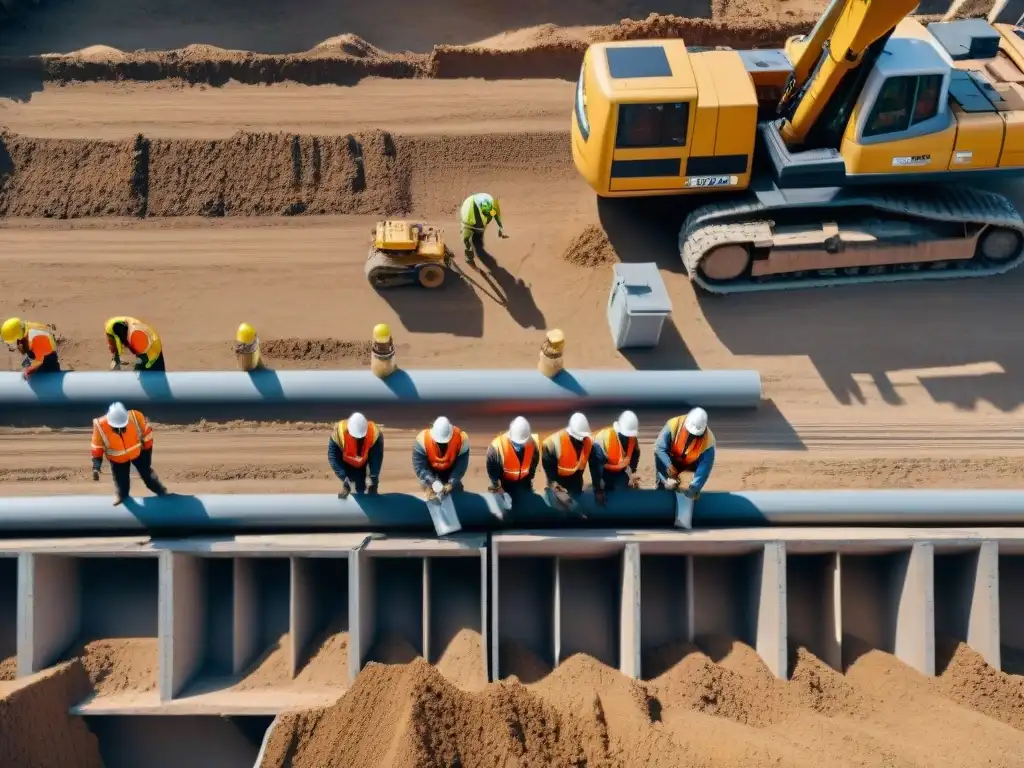 Vista aérea de un bullicioso sitio de construcción con drones capturando trabajadores y maquinaria