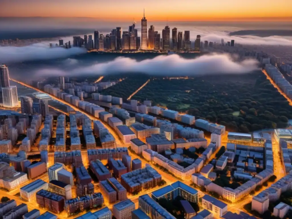 Vista aérea de ciudad al atardecer con mapas 3D, fusionando urbanismo tradicional y tecnología