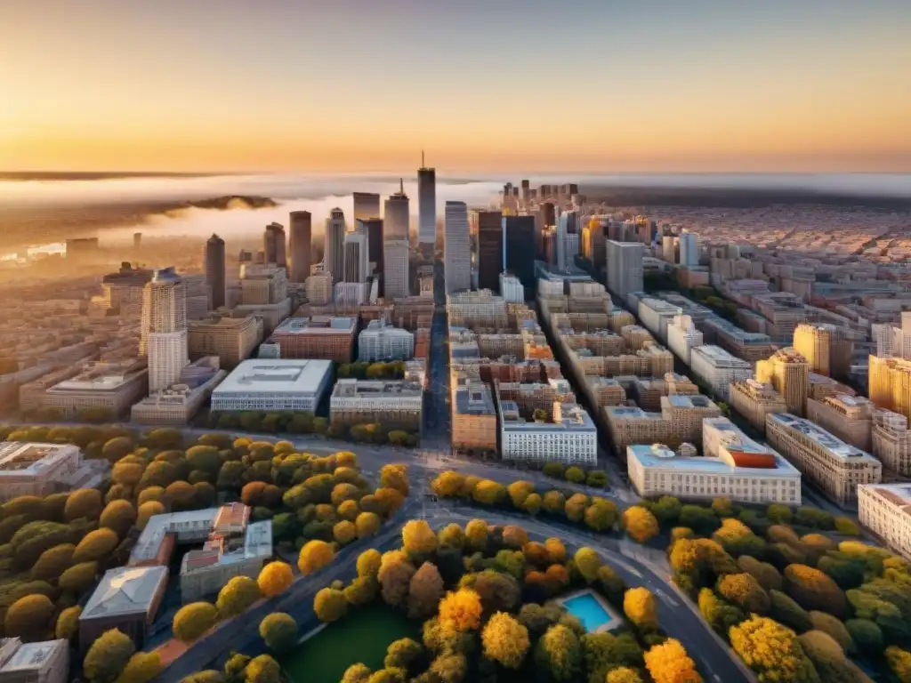 Vista aérea de una ciudad al atardecer, con calles, edificios y parques; cálido tono sepia