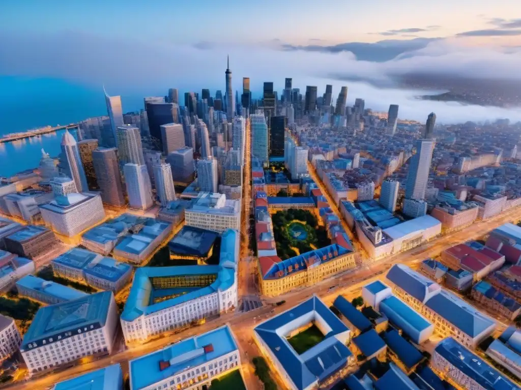 Metrópolis geoespacial: optimización de ubicaciones comerciales Vista aérea de una ciudad bulliciosa resaltando la importancia del análisis geoespacial para negocios online