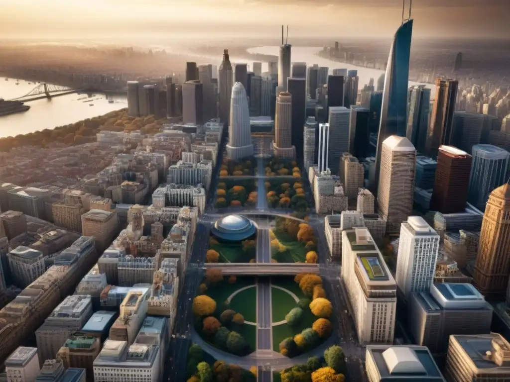 Metrópolis vibrante: fusión arquitectónica en sepia Vista aérea sepia de una ciudad bulliciosa con rascacielos modernos y edificios históricos
