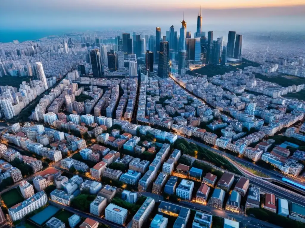 Una vista aérea de una ciudad bulliciosa, con calles intrincadas, rascacielos y edificios densamente agrupados