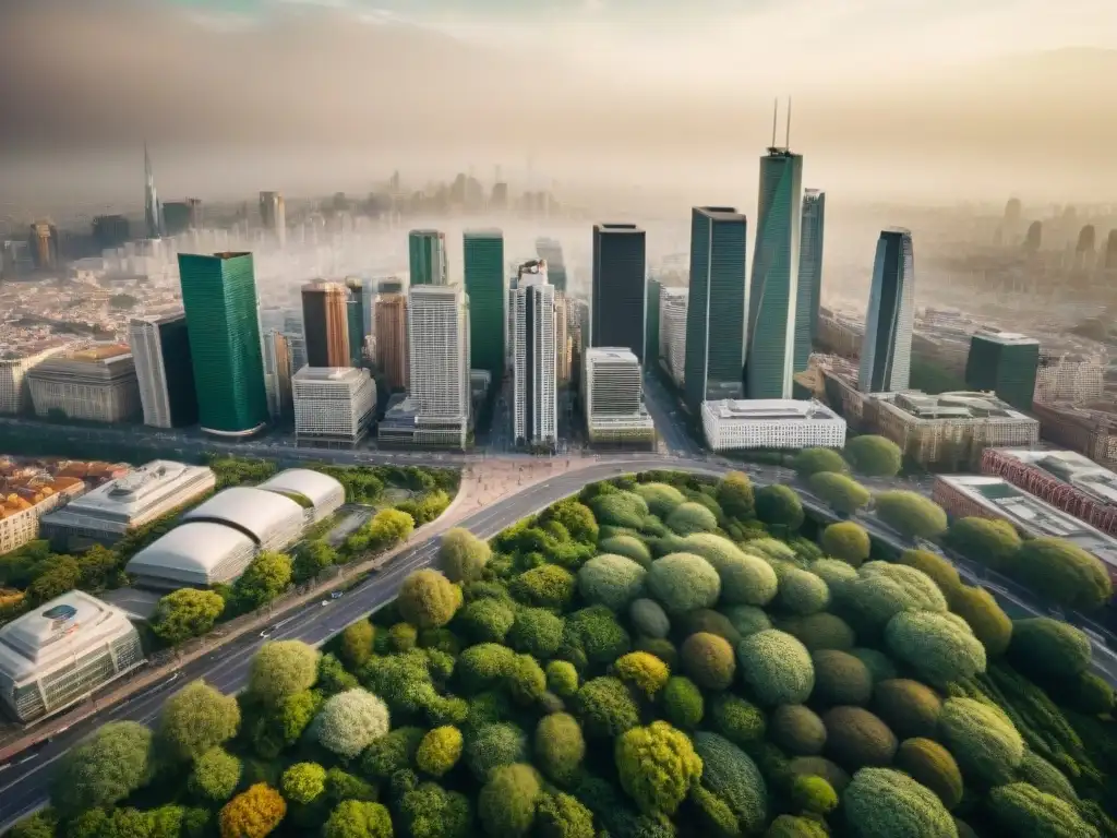 Vista aérea en sepia de una ciudad bulliciosa con calles intrincadas y edificios de distintas alturas, reflejando la dinámica vida urbana