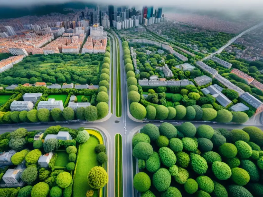 Vista aérea sepia de una ciudad bulliciosa con precisas calles, edificios y espacios verdes