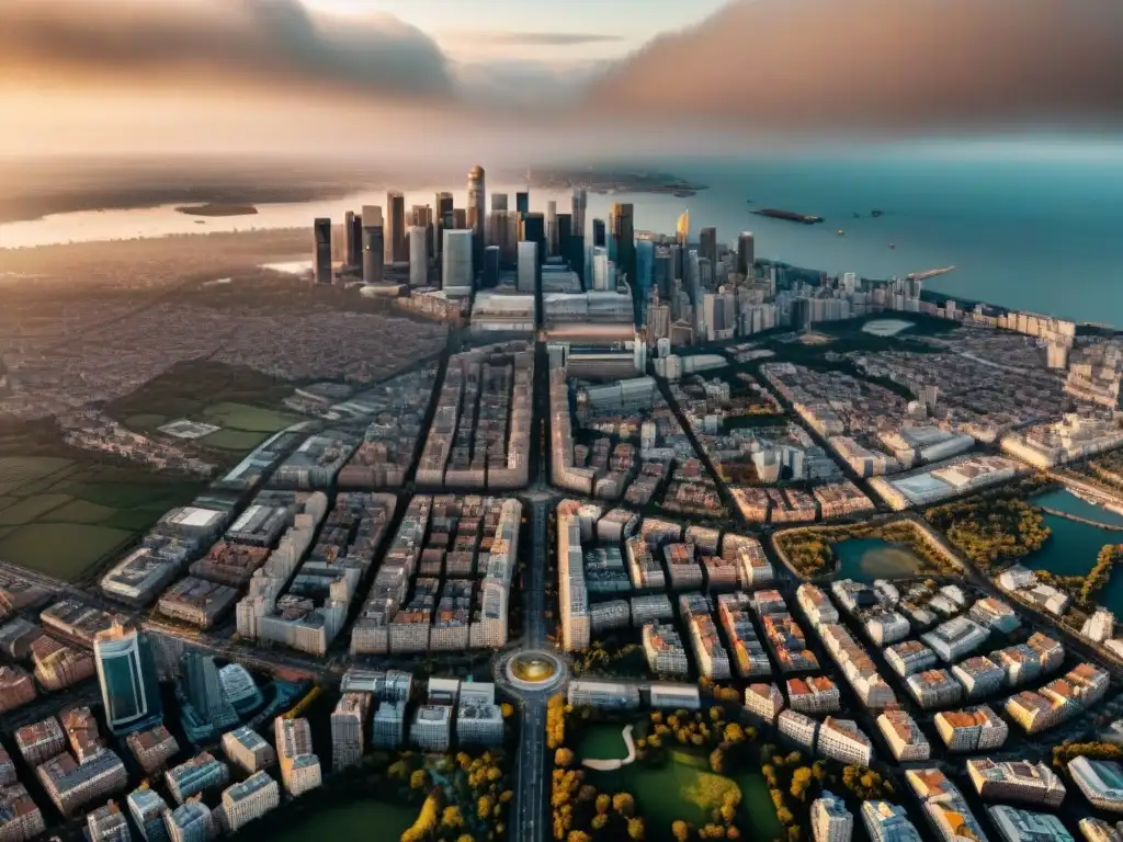 Vista aérea de una ciudad bulliciosa con intrincada planificación urbana en tono sepia