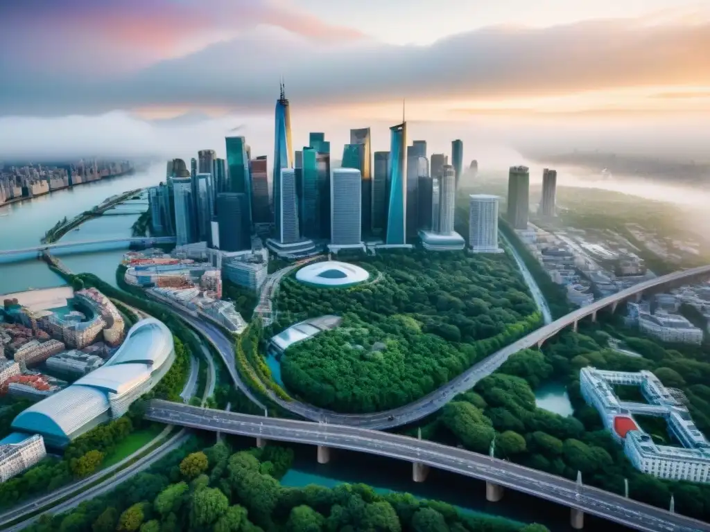 Vista aérea de una ciudad bulliciosa con puentes, parques y rascacielos, conectados por redes de carreteras y ríos