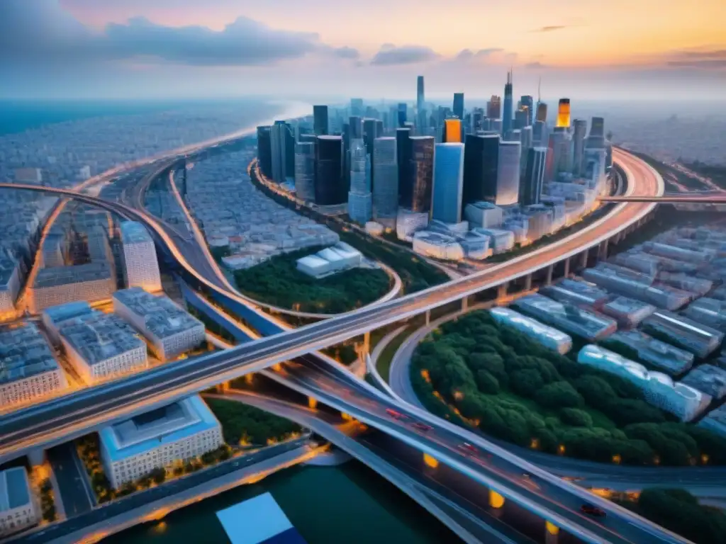 Red de carreteras en sepia: logística urbana Vista aérea de una ciudad bulliciosa con una red de carreteras interconectadas, en tonos sepia