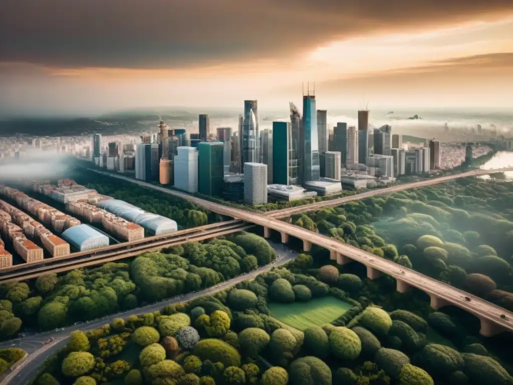 Vista aérea de una ciudad bulliciosa con red de calles, edificios y espacios verdes, fusionando desarrollo urbano y naturaleza en equilibrio armonioso