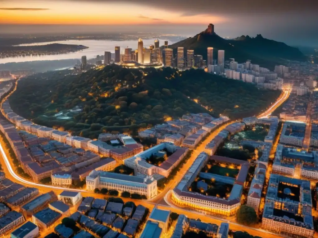 Red urbana dorada al atardecer: estrategias de precios geoespaciales Vista aérea de una ciudad bulliciosa al anochecer con luces brillantes, destacando el paisaje urbano de redes de calles, edificios y parques