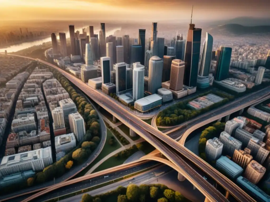 Vista aérea de una ciudad bulliciosa al atardecer con rascacielos, calles concurridas y personas en movimiento