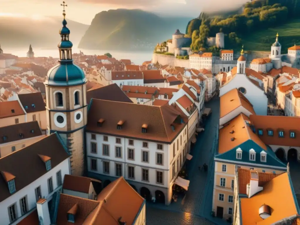 Vista aérea sepia de una ciudad histórica europea con calles empedradas y edificios centenarios