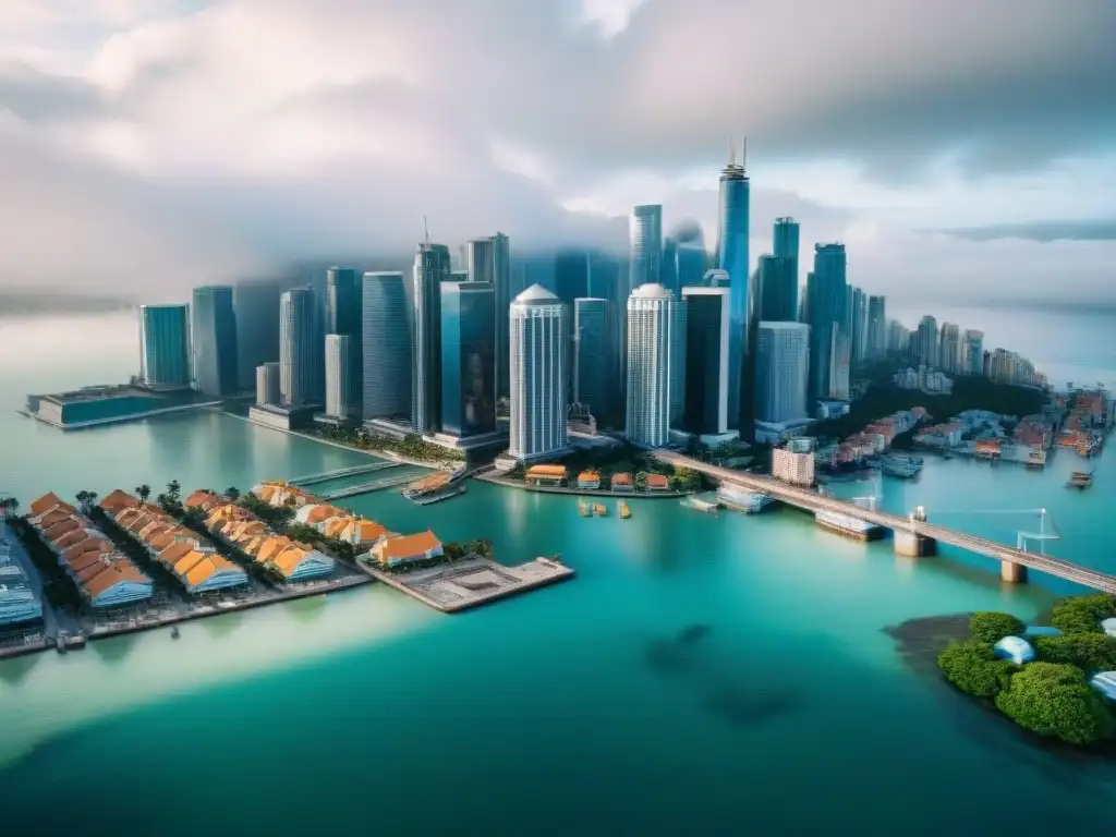 Vista aérea sepia de ciudad inundada por el mar, impacto del cambio climático en la planificación empresarial