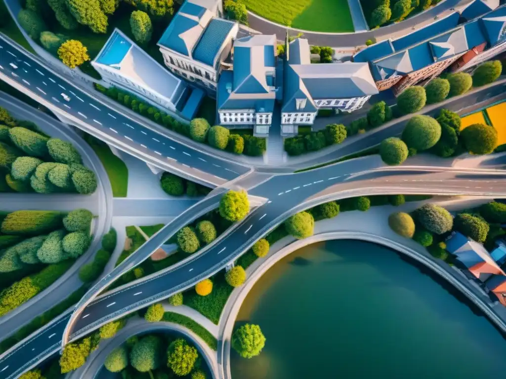 Vista aérea sepia de una ciudad moderna con calles geométricas, edificios altos y ríos serpenteando: evolución de la cartografía moderna