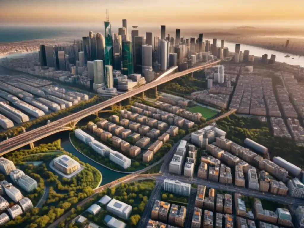 Vista aérea sepia de una ciudad moderna, con red de calles, edificios y espacios verdes