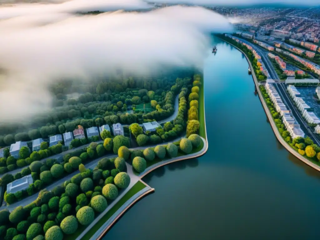 Vista aérea sepia de una ciudad moderna con redes de calles, edificios y parques integrados, resaltando el papel del SIG en arquitectura urbana